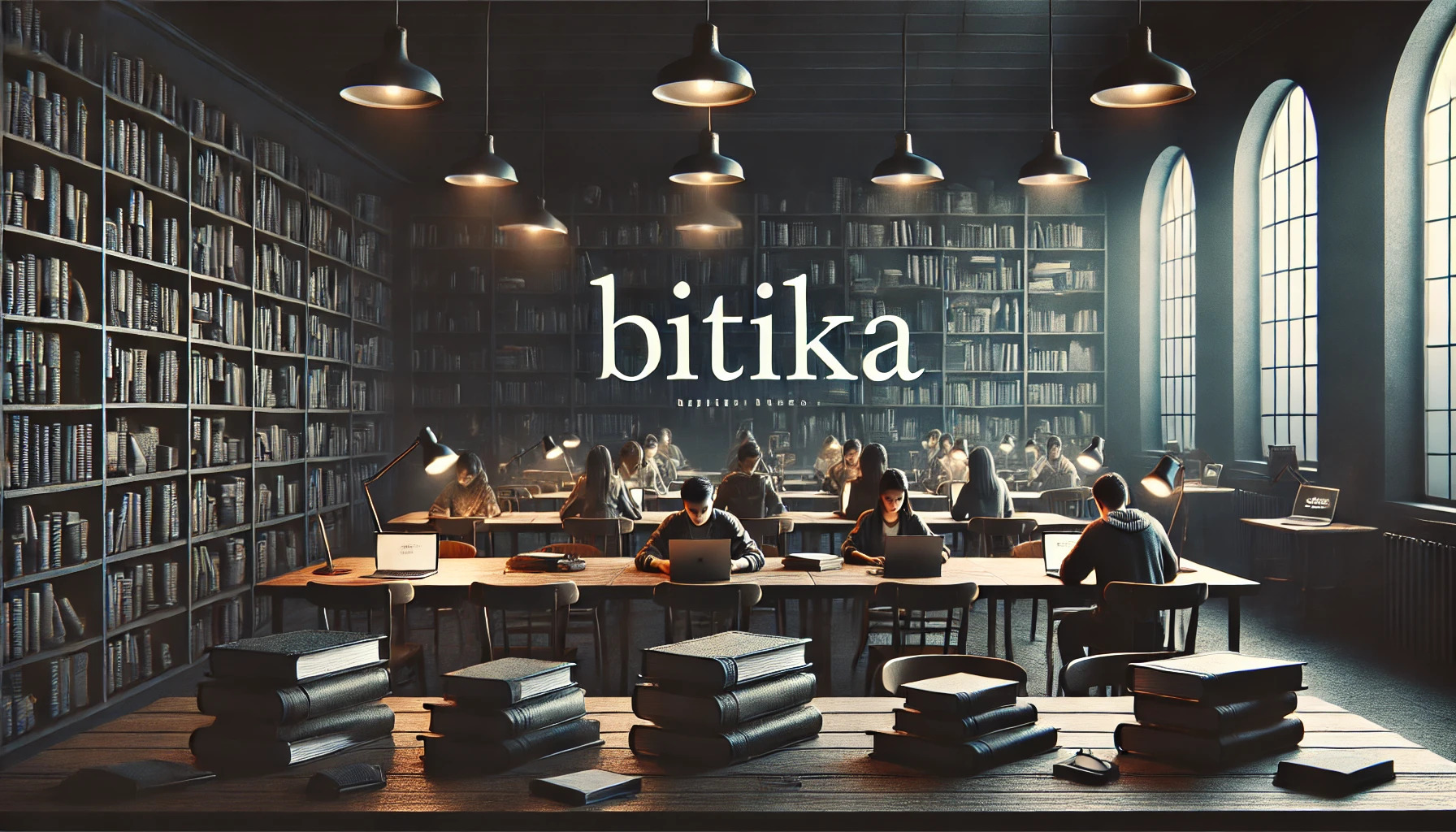 DALL·E 2024-11-10 01.56.02 - A dark-themed background for a website, featuring a library or study area with piles of books and students sitting at desks studying. The environment